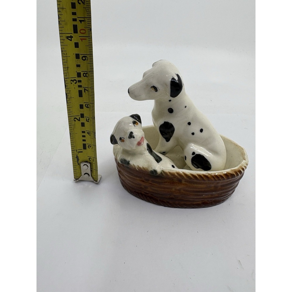 Vintage Japan Porcelain DALMATIAN Parent Dog & Puppy In A Basket 3.75" Tall - Picture 4 of 6